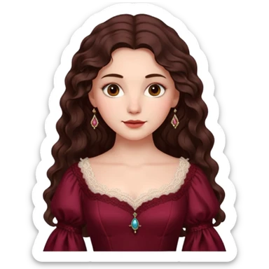 Renaissance lady – long dark brown wavy hair, burgundy gown with lace neckline sticker