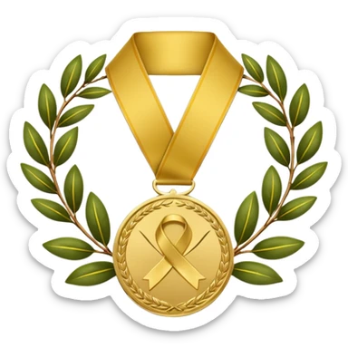 A golden medal with a glossy finish, featuring a central gold awareness ribbon symbol. The ribbon is surrounded by two laurel branches, one on each side, adding a touch of prestige. At the bottom, a small ornamental 'X' symbol completes the design sticker