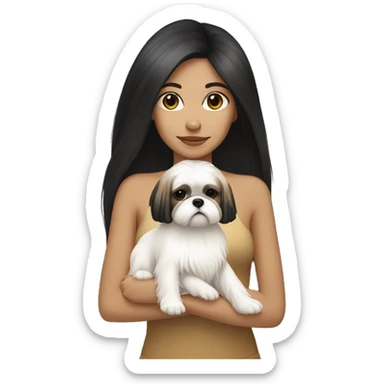 Tan girl, with long black hair, holding white shih tzu with light brown spots sticker