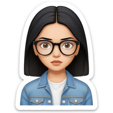 generate a pretty bratz emoji 
Make her wear a white dress with a denim jacket over it. black hair side part 

She should look exactly  like Deepika padukone! wearing tiny rectangular spectacle, looking sad sticker