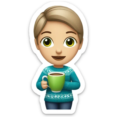 Light brown short haired girl with green eyes drinking coffee wearing blue Christmas sweater sticker
