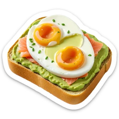 avocado toast with salmon and pachot eggs, green cream is covering everything sticker