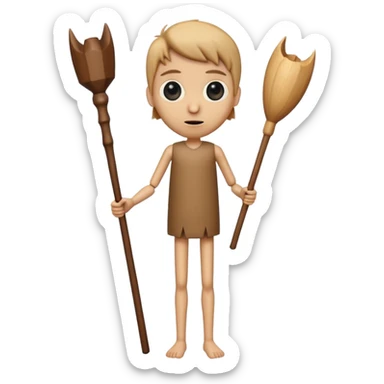 a tall, cylindrical, wooden-like figure with a human-like face, large eyes, and a slight smile. It has small, thin arms and human legs. It appears to be holding a long, wooden stick or bat.
 sticker