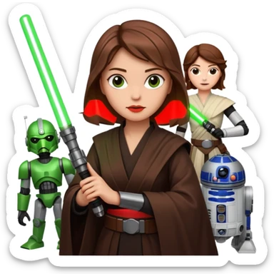Ios 18 starwars theme ( jedi, robots etc..) brown hair lady with lightaber green or red sticker