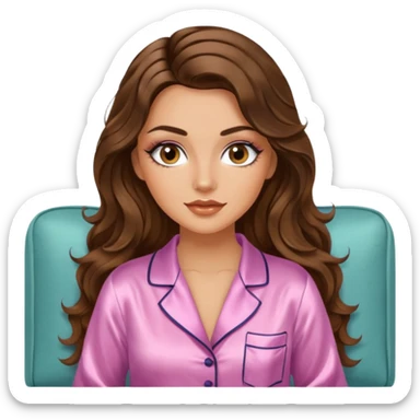 Woman with brunette hair light tanned skin reading on sofa. Long wavy hair. Beige ivory colours. Silk pyjamas. Realistic. Foxeye with lashes. Glamorous makeup sticker