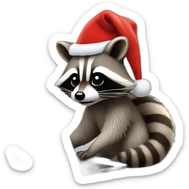 the face of a raccoon with a christmas hat working on a laptop sticker