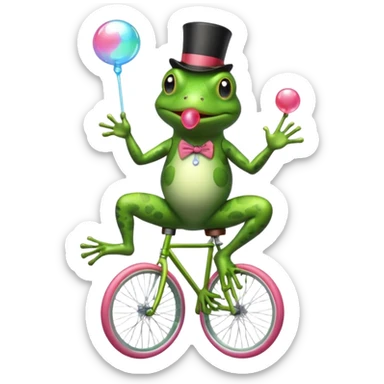 A frog riding a unicycle wearing a monocle blowing a bubble gum bubble sticker