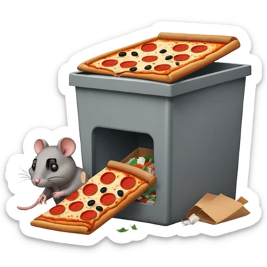 emoji-style icon of a pizza restaurant with a pizza slice sign, a huge rat next to an overflowing dumpster, trash scattered all around the building, unsanitary and dirty, clear at small size, no text sticker