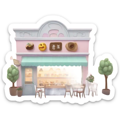 Cute little coffee shop in a city with pastel colors  sticker