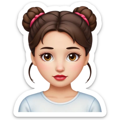 “Emoji brunette girl hair in bun white top, dewy skin, heavy blush across cheeks and nose bridge, glossy cherry lips, soft eyeliner, teary sparkling eyes like hanni from new jeans sticker