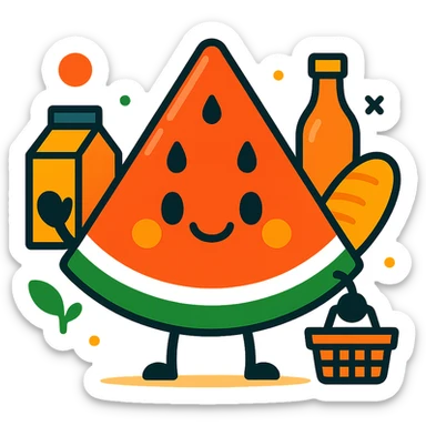 minimalist watermelon slice mascot, smiling, with subtle grocery elements, for an egrocery brand, clean and modern sticker