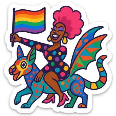 drag queen riding a colorful alebrije, waving an LGBTQ flag, vibrant and lively colors sticker