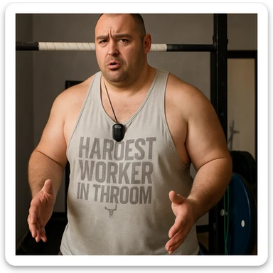 Create a realistic version of the man in the reference photo with a robust physique, large muscles, and visible fat on the abdomen and hips, maintaining the original pose. sticker