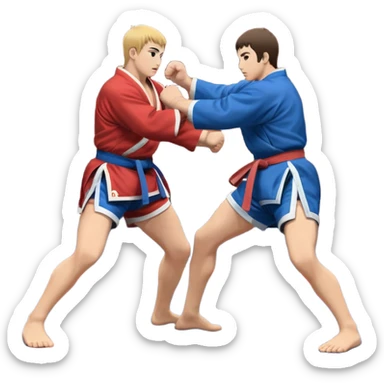 An icon symbolizing Sambo, featuring two fighters in blue and red kimonos with shorts. One executes a powerful throw, while the other attempts a defensive grab. The fighters are engaged in a grapple, using joint locks and sweeps. The background features a wrestling mat/ sticker