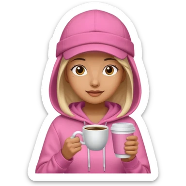 Woman in pink hoodie and cap holding coffee sticker