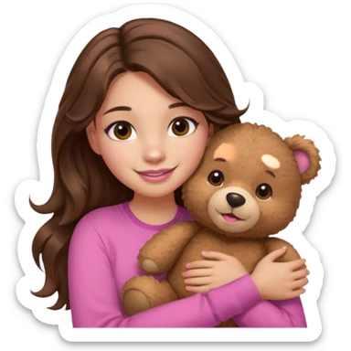 girl with long wavy brown hair, brown eyes, light to medium complexion, in a pink shirt, pink lips, long lashes, smiling, hugging a teddybear sticker