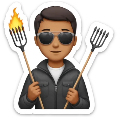 A guy in sunglasses holding tongs, proudly turning skewers over glowing charcoal. sticker