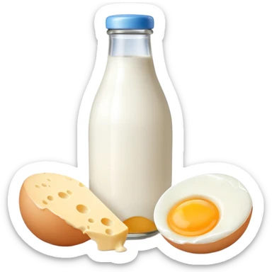 A cluster of dairy items: a milk bottle with an egg and a small cheese drop shadow behind them sticker