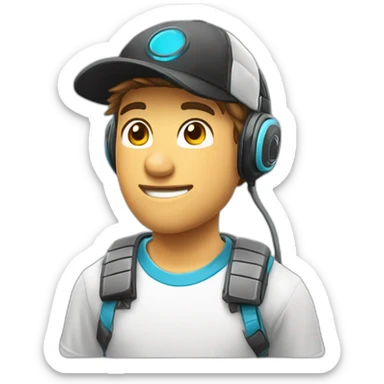jeune homme gamer avec un casque micro, l'air sérieux, une casquette blanche sticker