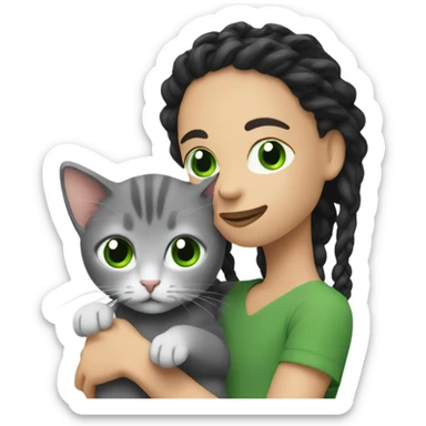 Man with dreadlocks holding a gray kitten with a white woman with black hair and green eyes ￼ sticker