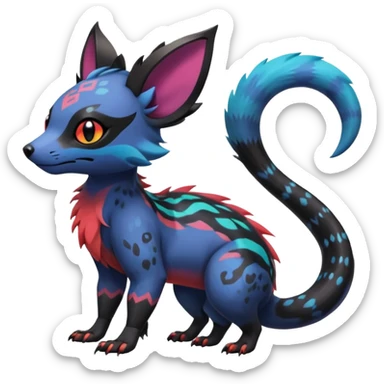Rare exotic cute epic aesthetic gothic colorful Salandit-Eevee-Civet-species-Fakemon-hybrid-creature, with markings, full body sticker