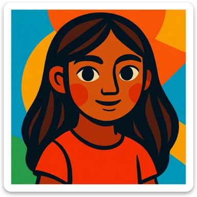 portrait of a brown-skinned girl with long brown hair and black eyes, modern illustrative style, vibrant colors sticker