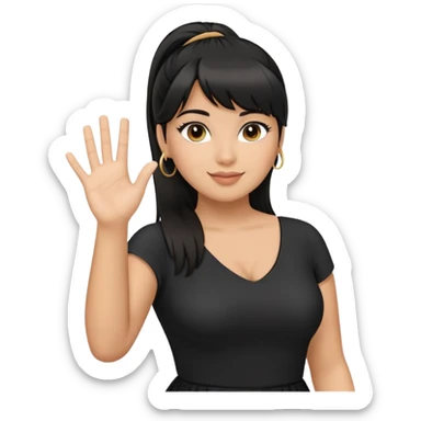 Latina girl with bangs black long hair in pony tail plus size black dress waving hand hello sticker