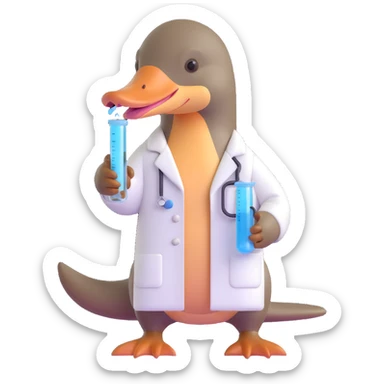 cute platypus with a white lab coat, holding a test tube sticker