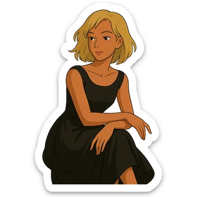 Asian woman, tanned skin, mid-length blonde hair, black dress, elegant pose, ghibli style sticker