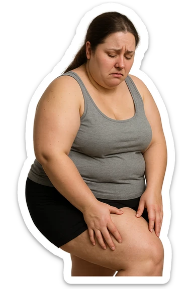 donna grassa che si tocca la coscia con espressione triste, IPERREALISTICA 4K sticker