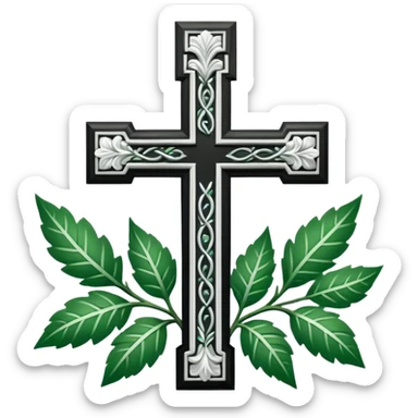 a black and white detailed cross with leaves over the top sticker