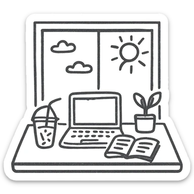 A desk by the window with summer sunshine in the background. On the desk, there is a laptop, a cup of iced coffee, and a small plant. An opened book is also present. sticker
