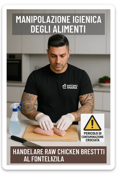 a man person in a modern kitchen handles raw chicken breasts on a cutting board, wearing disposable gloves. Nearby, a bottle of disinfectant spray, a separate knife for vegetables, and a warning sign about cross-contamination are clearly visible. The mood is educational, emphasizing safe food handling. in italiano sticker