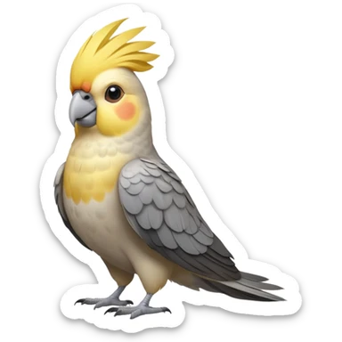cinematic-[cockatiel]-realistic-full-body-sitting-emoji,-head-tilted-dramatically,-grey and yellow feathers,-simplified-yet-realistic-focused-features,-highly-detailed,-glowing-with-an-almost-sarcastic-glow sticker