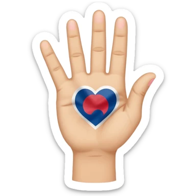 An emoji-style illustration of a hand making the Korean finger heart gesture. The hand should have a cute and expressive cartoon style, resembling modern emojis. Include subtle cultural details like a small South Korean flag on the wrist or background. Bright, colorful, and cheerful aesthetic sticker