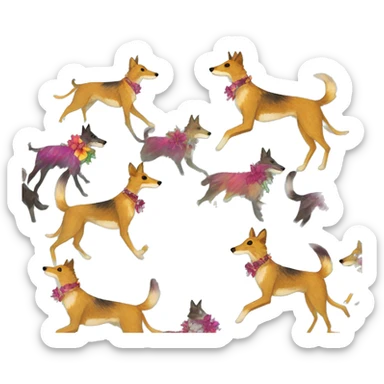  brindle brown black maroon striped lurcher Alsatian fox running blue eyes and iridescent holographic oilslick harness wearing paper iridescent tropical flower crown yellow caution tape sticker