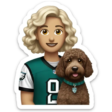 Light baron with dark brown Labradoodle wearing a Philadelphia eagles jersey sticker
