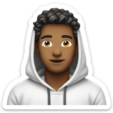 An emoji of a handsome man wearing a white hoodie, with the hood down, showing his hair, and standing confidently with a relaxed expression sticker