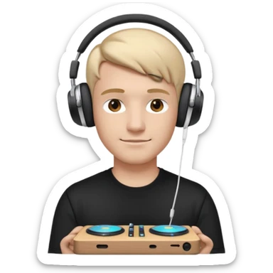 эмодзи парень диджей молодой с диджейский пультом красивый парень со светлыми волосами и в наушниках apple airpods max одет в черную футболку карие глаза  sticker