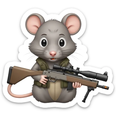 a crazed rat holding a sniper rifle sticker