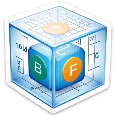 An icon featuring a transparent cube with geometric sections and mathematical calculations, symbolizing the study of mathematics. The design includes algebraic formulas, graphs, and mathematical symbols, representing advanced mathematical concepts and problem-solving. Transparent background sticker
