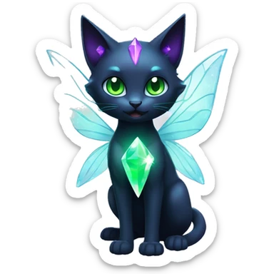 Shiny, Sparkly, Black Dark-type-Fairy-Type-Psychic-Ice-type-Fakémon-Cat Purple eyes, green gem, full body sticker