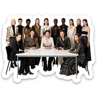 fifteen, twenty, thirty models squeezed together at a table sticker