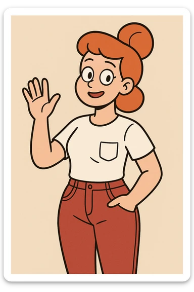 Girl dark orange hair bond hairstyle women's white t shirts pockets red trousers a hand hello  sticker