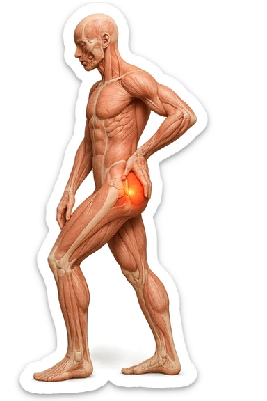 CORPO UMANO ANATOMICO DI PROFILO A FIGURA INTERA REALISTICO CHE SI TOCCA L'ANCA INFIAMMATA, DOLORE ALL'ANCA, IPERREALISTICO 4K sticker