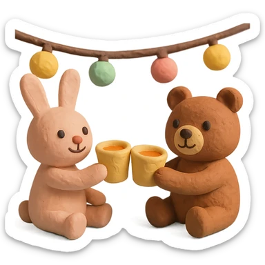 bunny and bear clinking juice cups under string lights, matte plasticine claymation style with visible fingerprints, pastel colors sticker