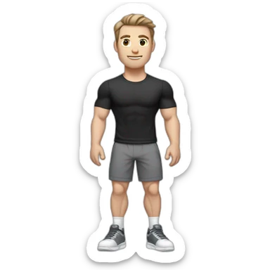 Pale skinned Fit Man With the biceps and dark brown hair in black shirt, gray sports shorts and white Sneakers Relies on the plane sticker