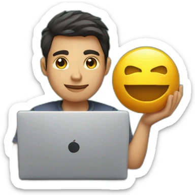 draw a young man sitting at a laptop and holding a fortune ball sticker