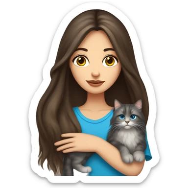 long straight haired blue eyed brunette woman holding norwegian forest cat with amber eyes sticker