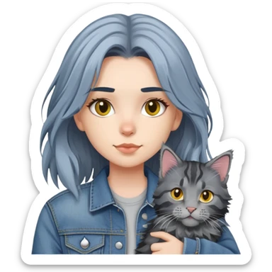 girl with black and yellow hair wearing denim jacket with gray maine coon cat sticker